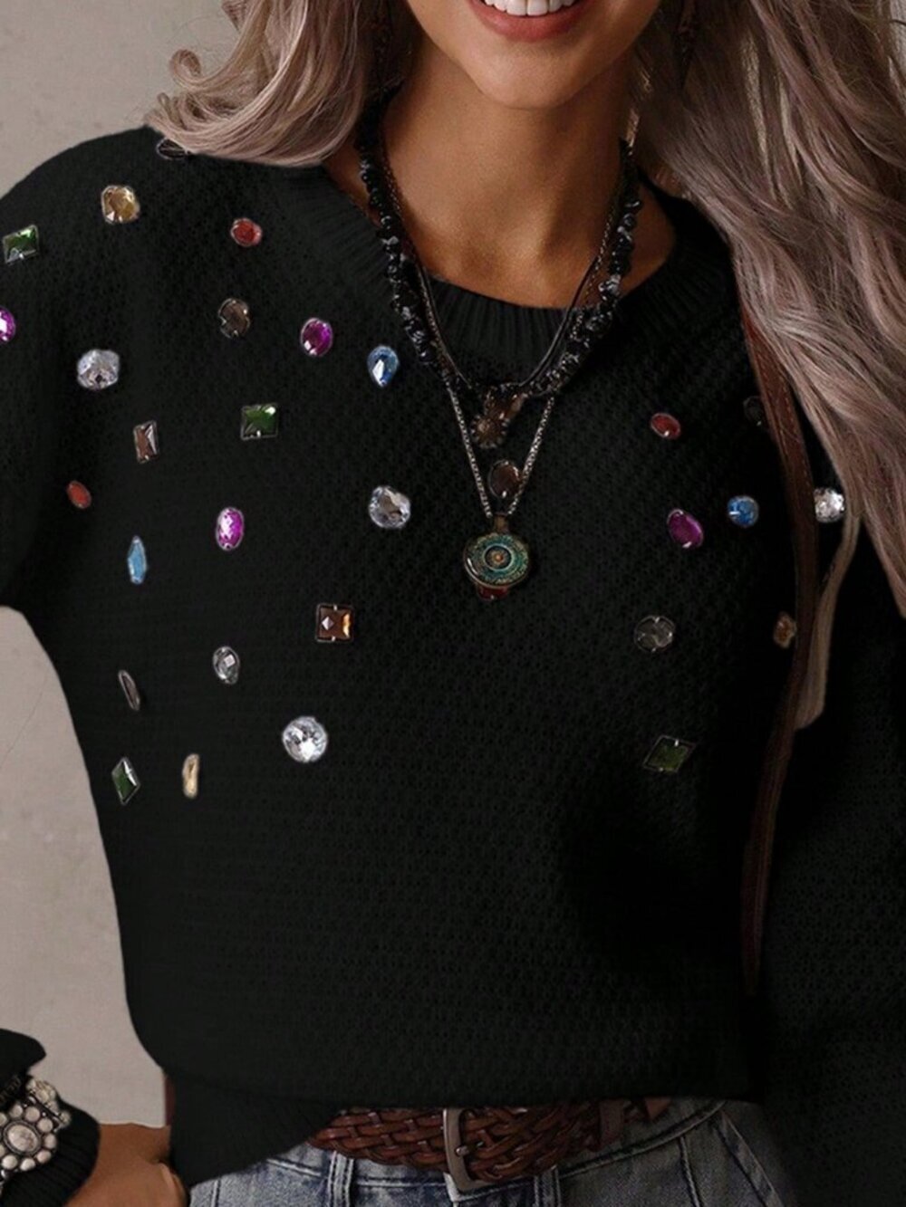 Black Casual Women's Western Style Rhinestone Pullover Sweater